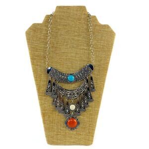 Southwestern Design Necklace Metal With Stones Faux Turquoise 11 Inches